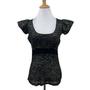 Arden B Top Womens S Lace Metallic Non Iron Scoop Neck Flutter Cap Sleeve Blouse